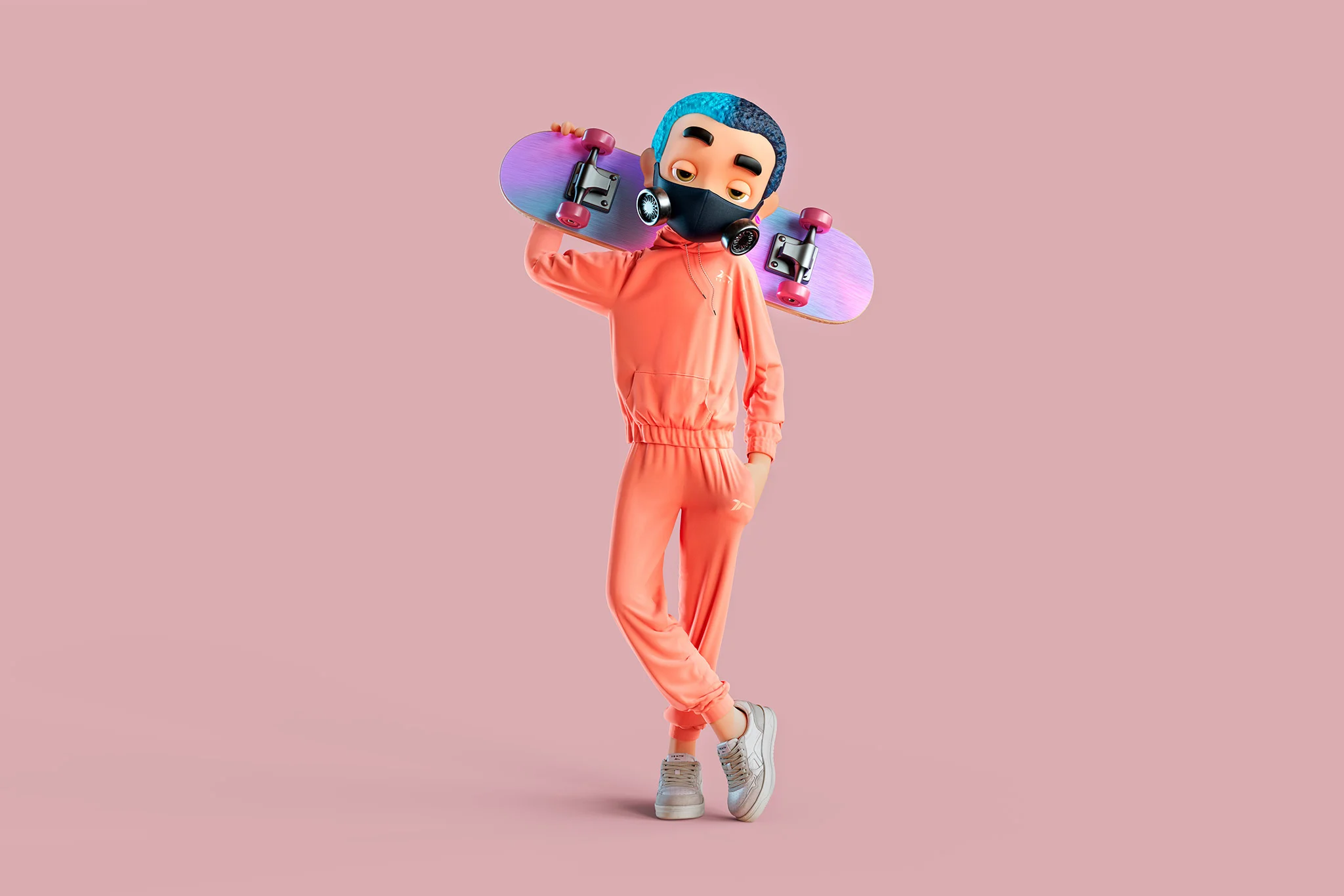 Personaje en CGI con un conjunto deportivo de colores de Décimas