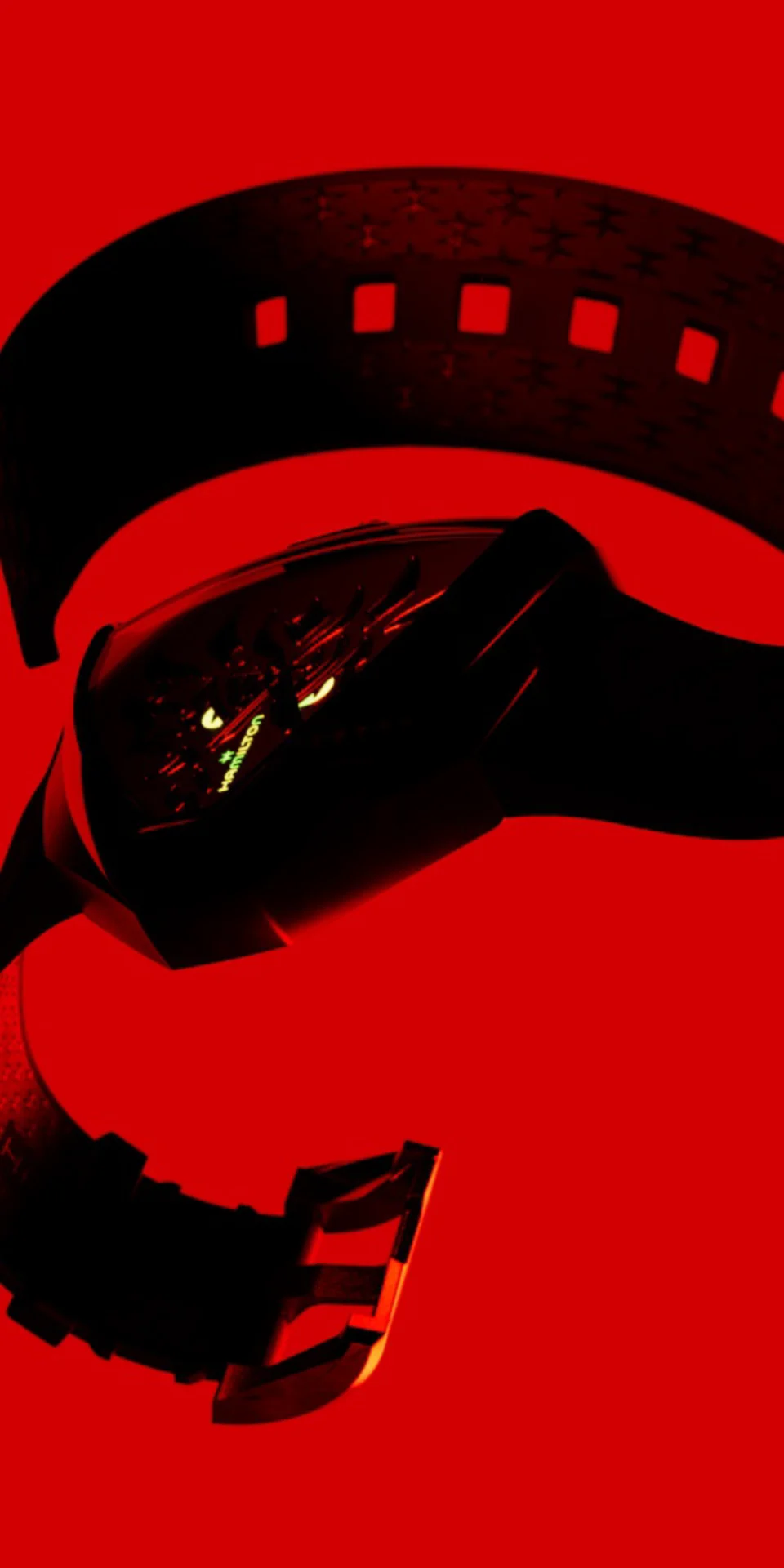 CGI visualization of a Hamilton watch with dramatic red lighting