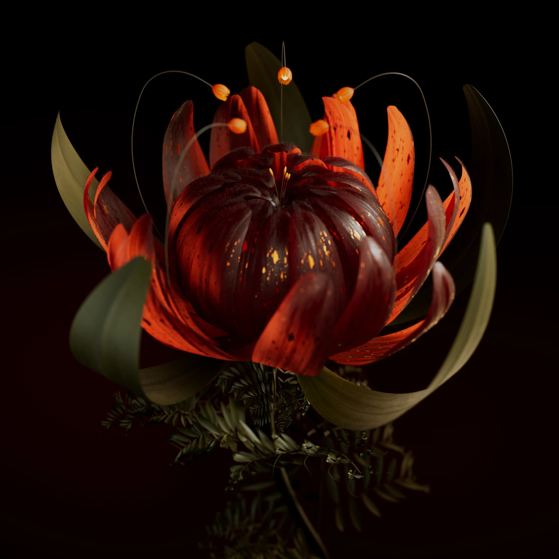 Flor en CGI que se transforma de capullo cerrado en flor abierta