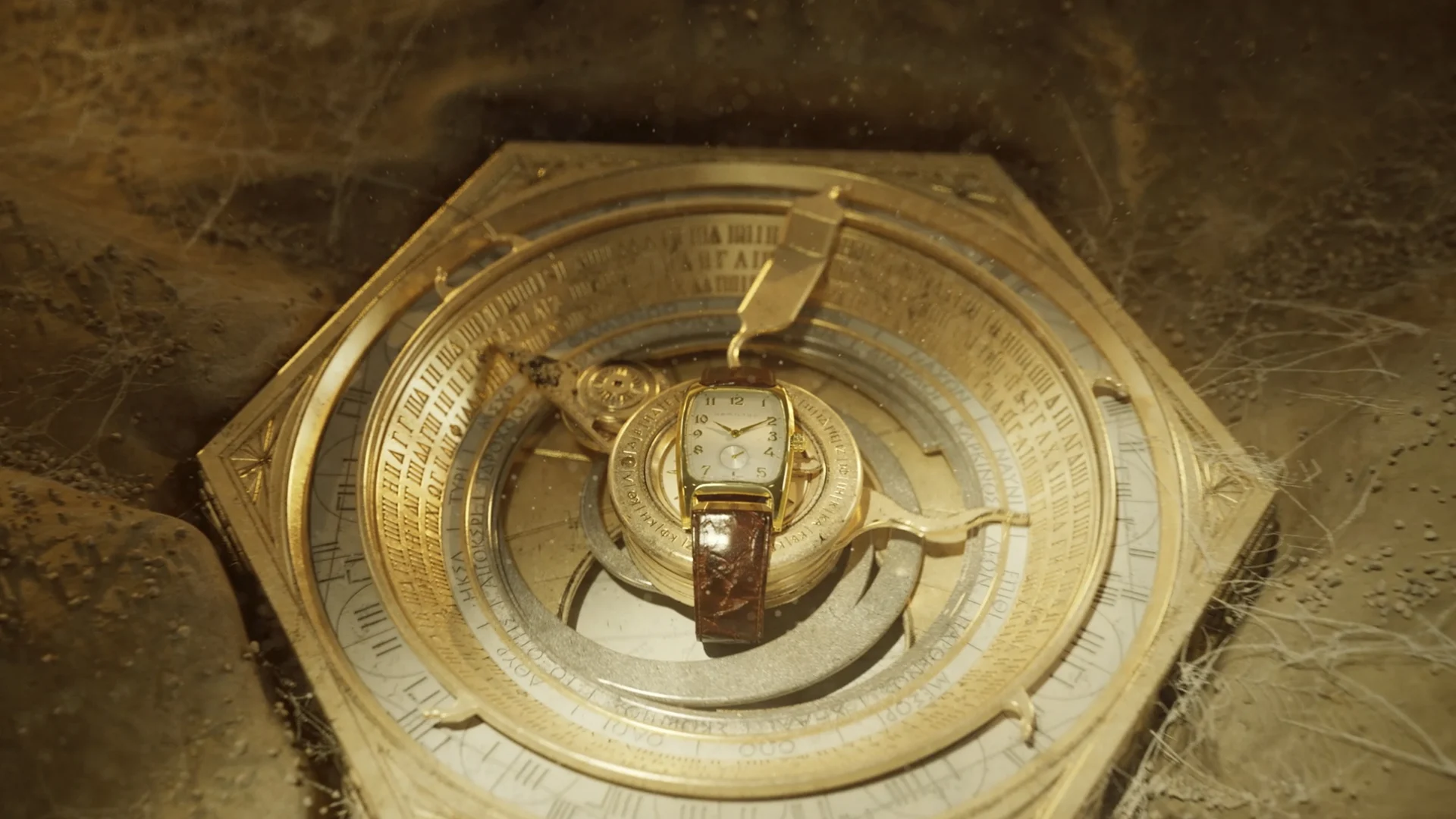 CGI luxury watch set in an intricate golden mechanical environment