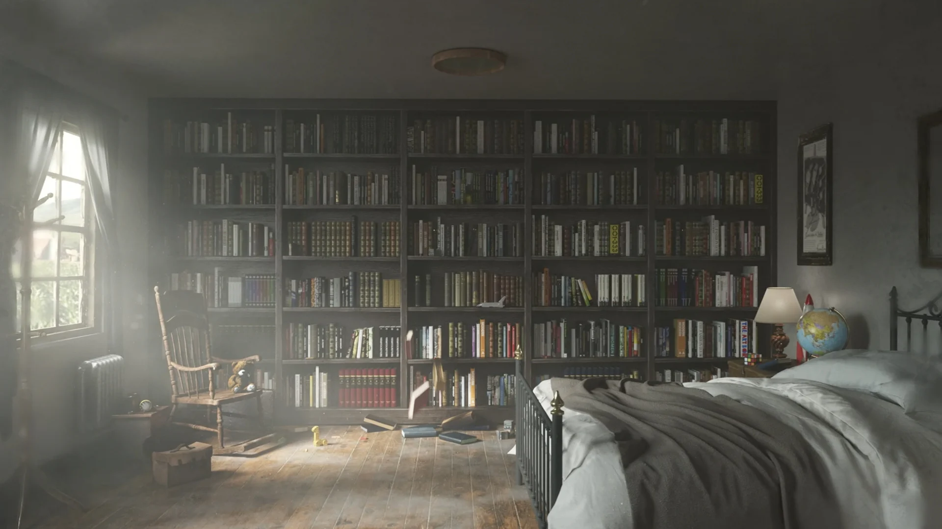 Dormitorio en CGI con una biblioteca de suelo a techo