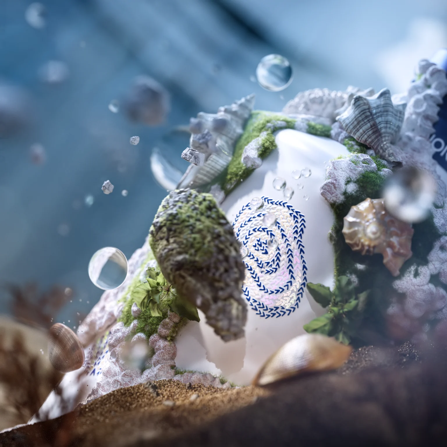Escena de producto CGI con una zapatilla entre elementos naturales