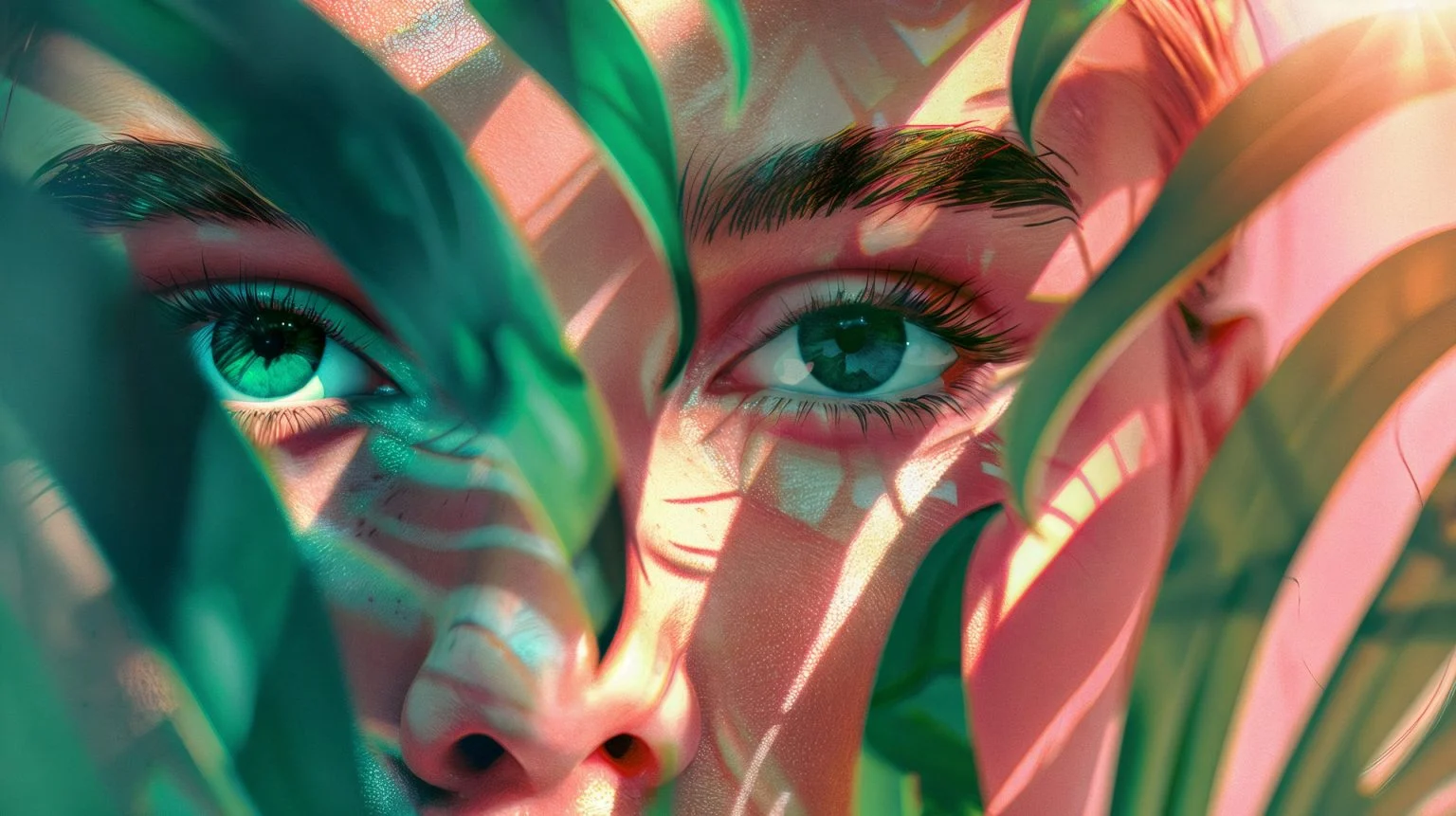 Retrato CGI con luz geométrica de colores y sombras abstractas