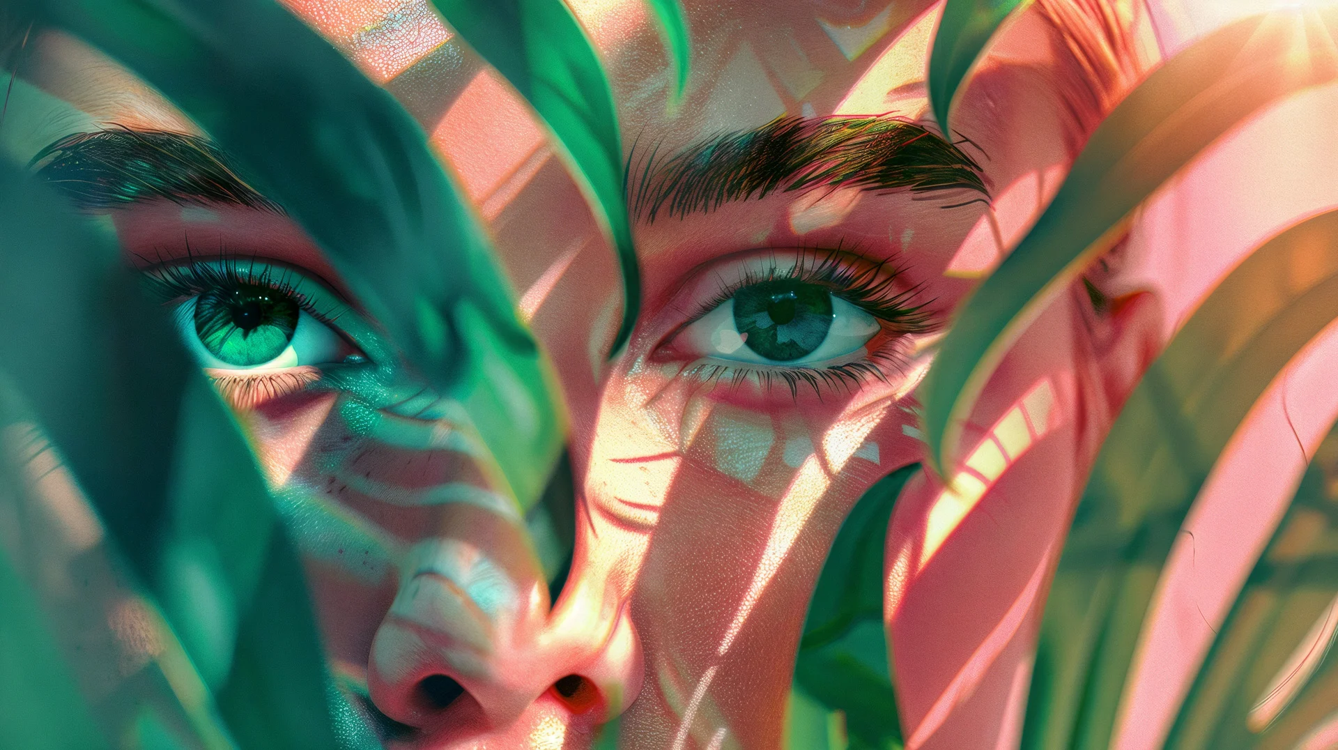 CGI portrait with colourful geometric light and abstract shadows