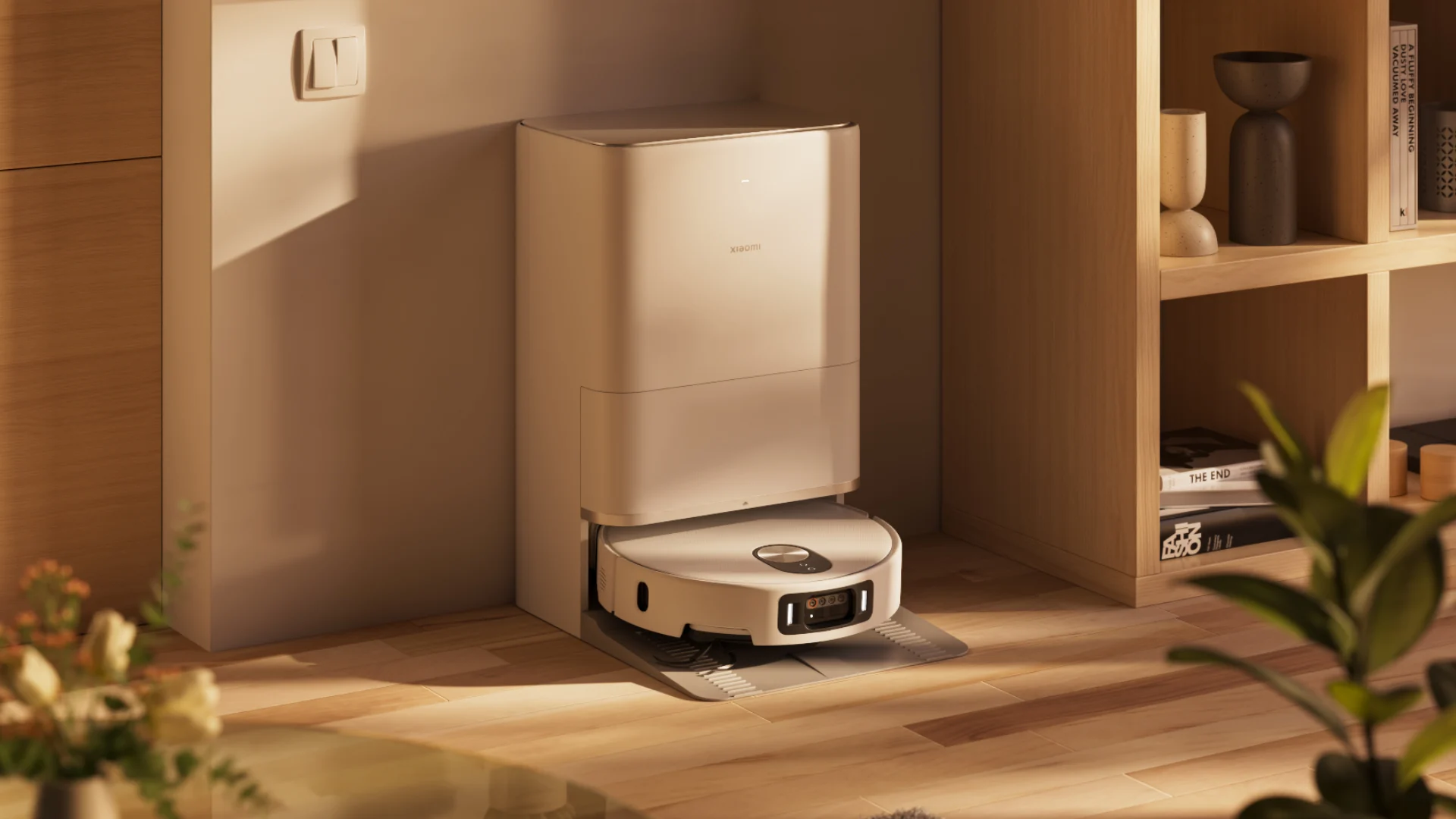 CGI Xiaomi robot vacuum in a modern interior