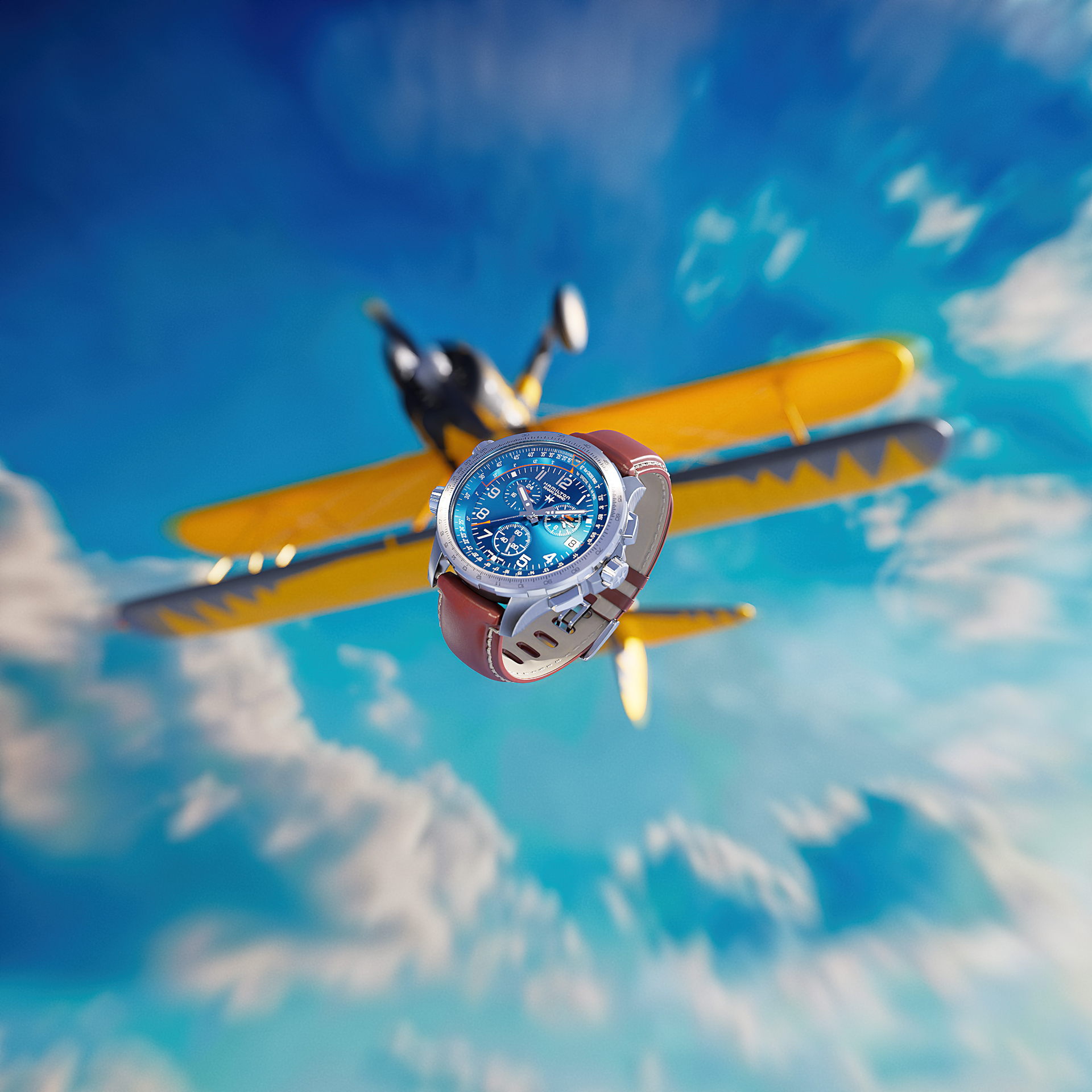 CGI watch flying through the sky with a yellow aircraft