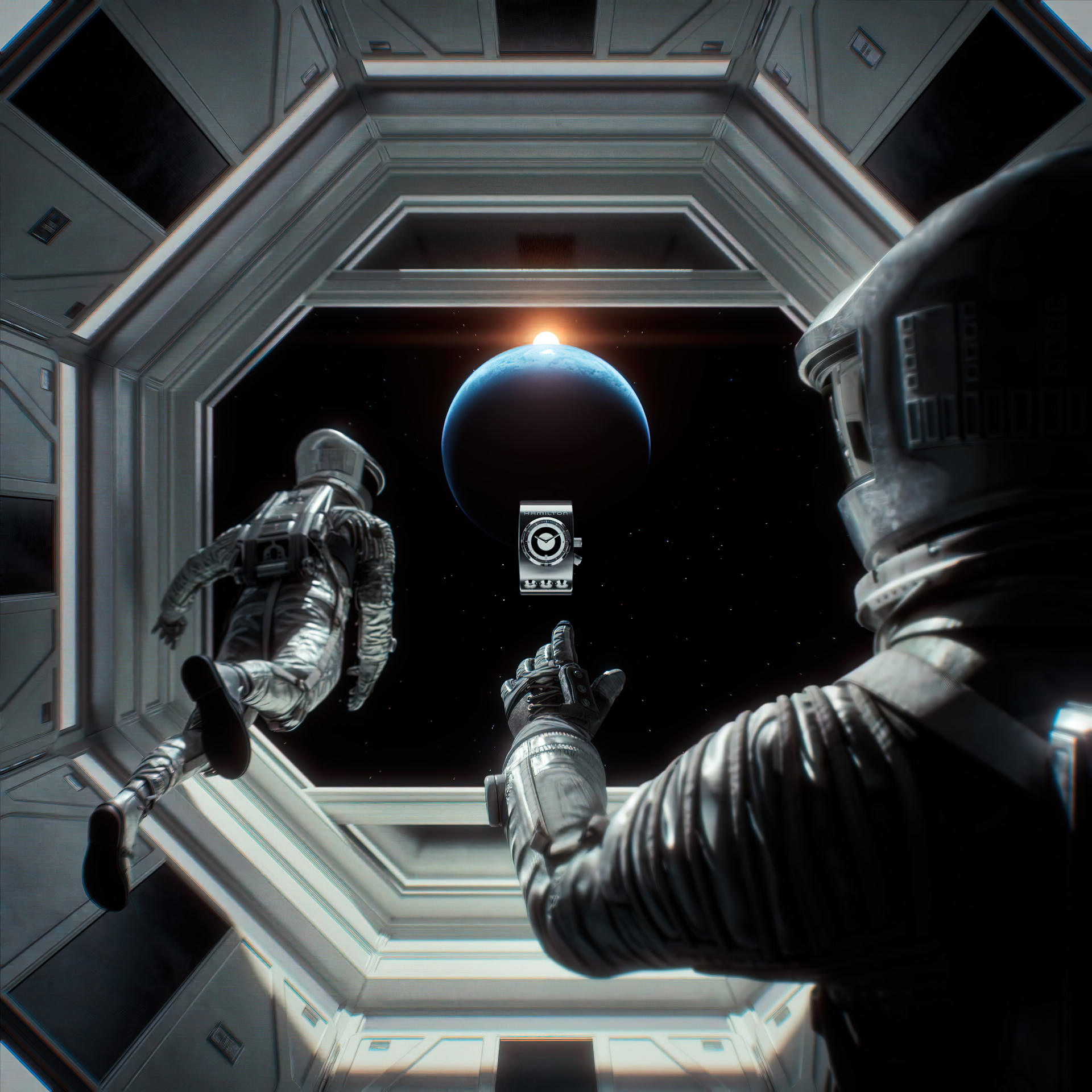 CGI scene of astronauts exploring a futuristic structure by Kutuko for Hamilton