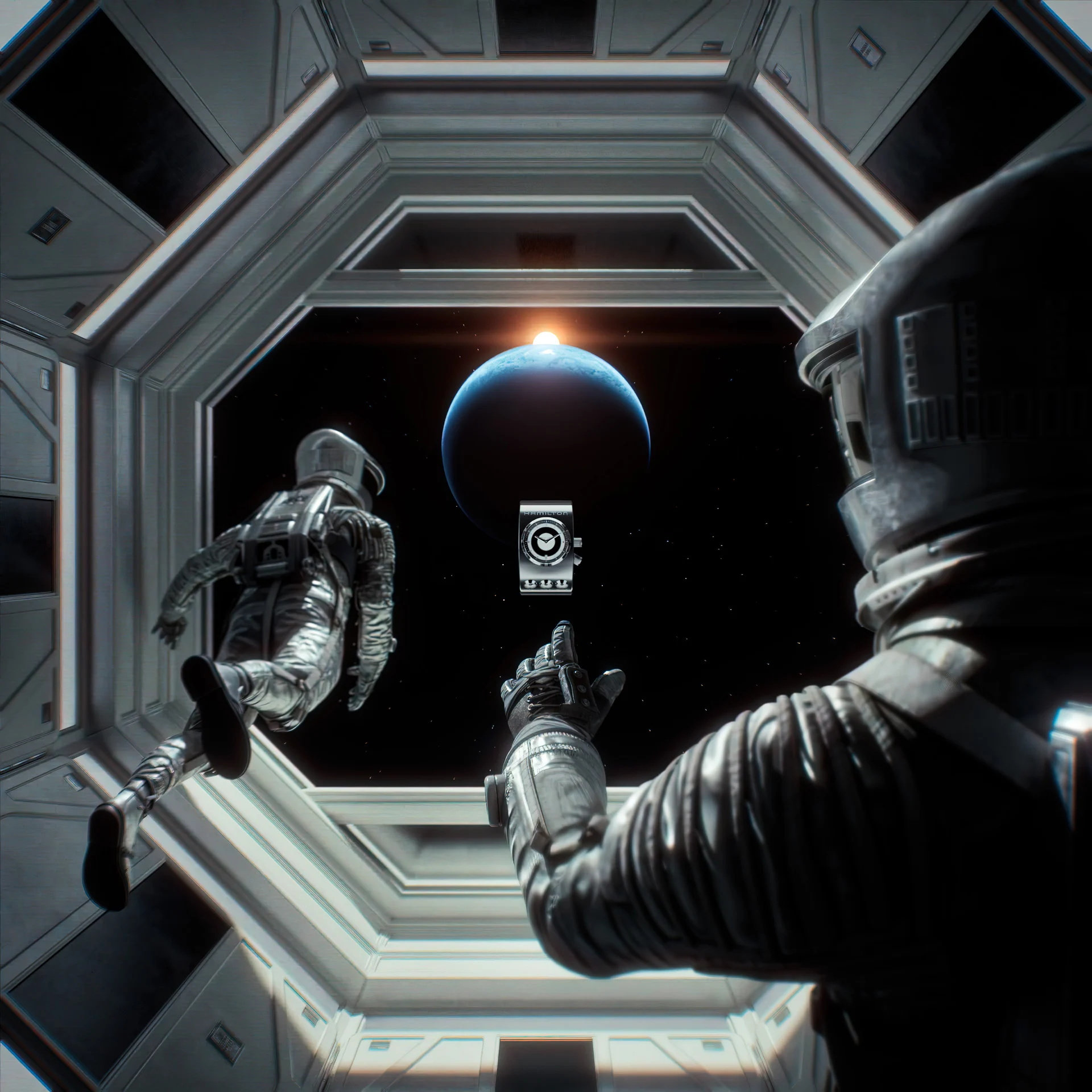 CGI scene of astronauts exploring a futuristic structure by Kutuko for Hamilton