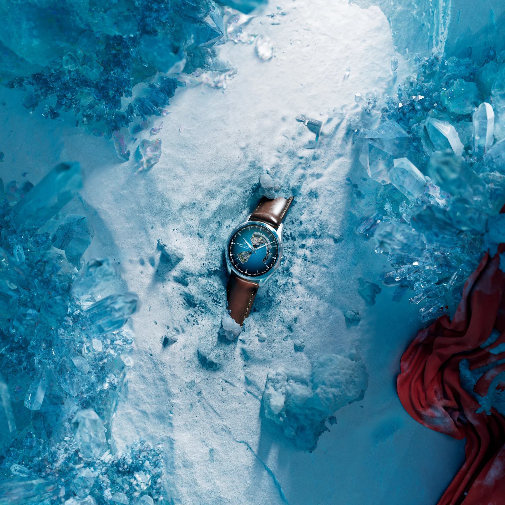 Reloj Hamilton en CGI rodeado de hielo y texturas congeladas