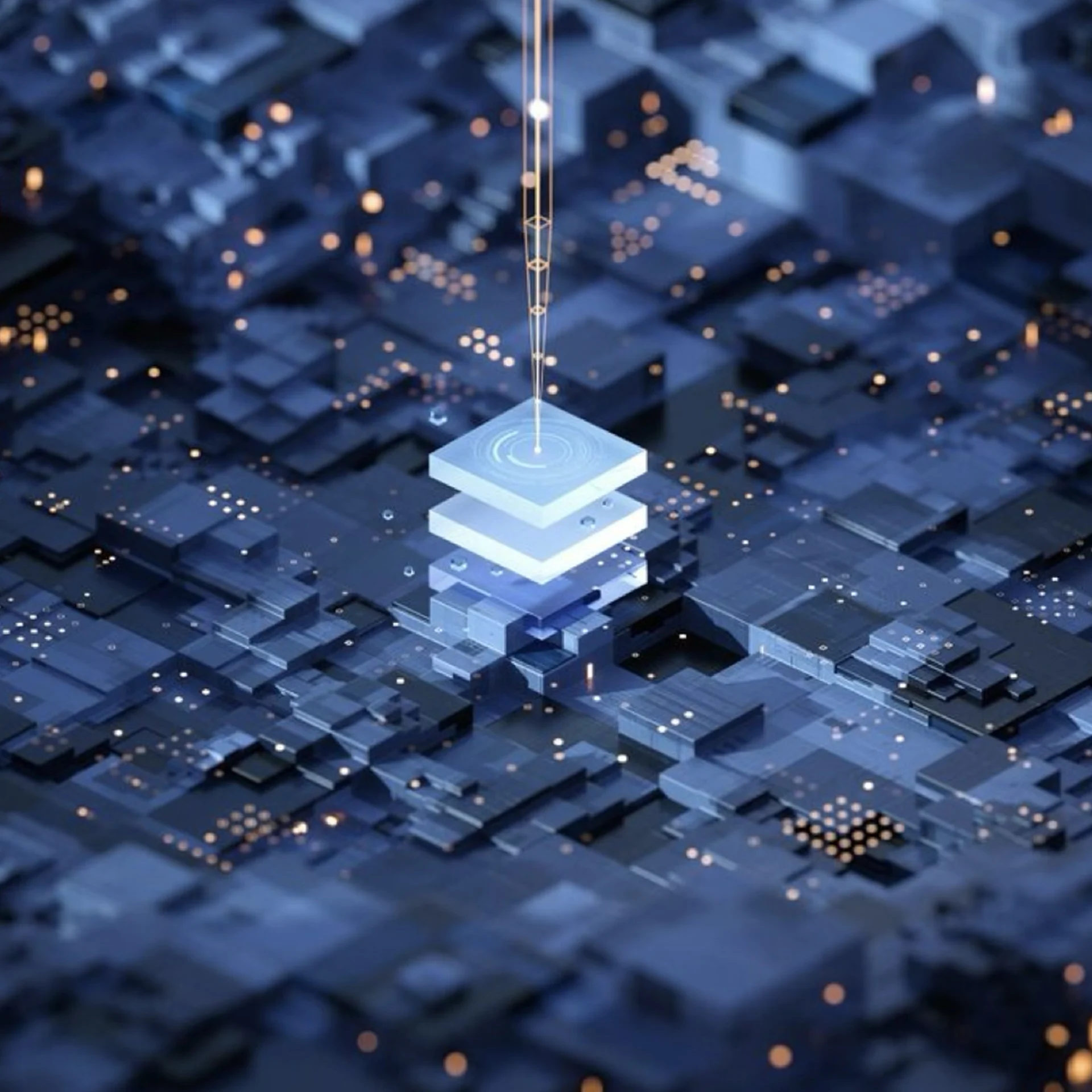 CGI render of an illuminated processor on a digital circuit board