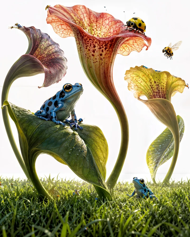 Botanical scene with frogs and flowers created with AI by Kutuko